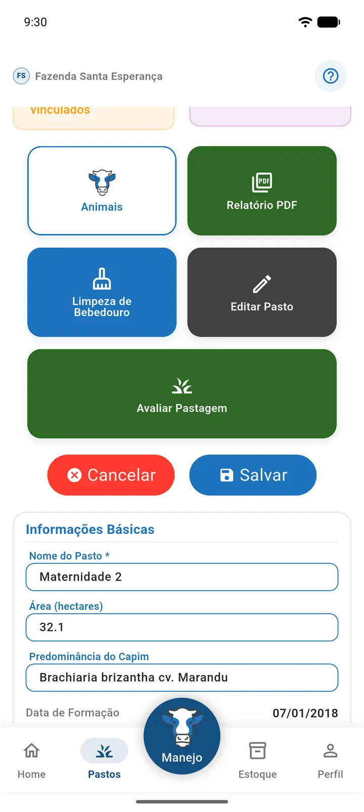 Tela Editando Pasto com os campos editáveis e os botões Cancelar e Salvar