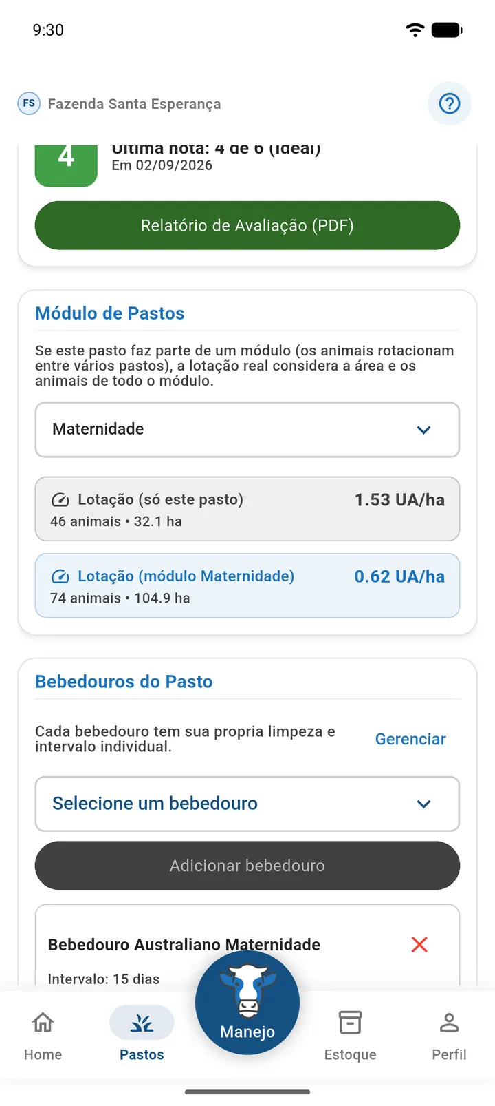 Seção Módulo de Pastos em Detalhes do Pasto com Lotação (só este pasto) e Lotação (módulo) lado a lado