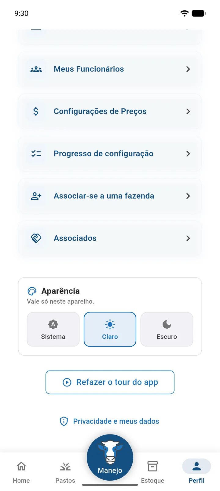 Perfil com o botão Configurações de Preços em destaque