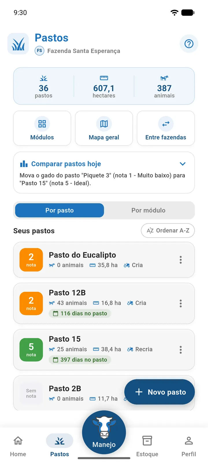 Tela Pastos com a lista de pastos cadastrados e o botão + em destaque