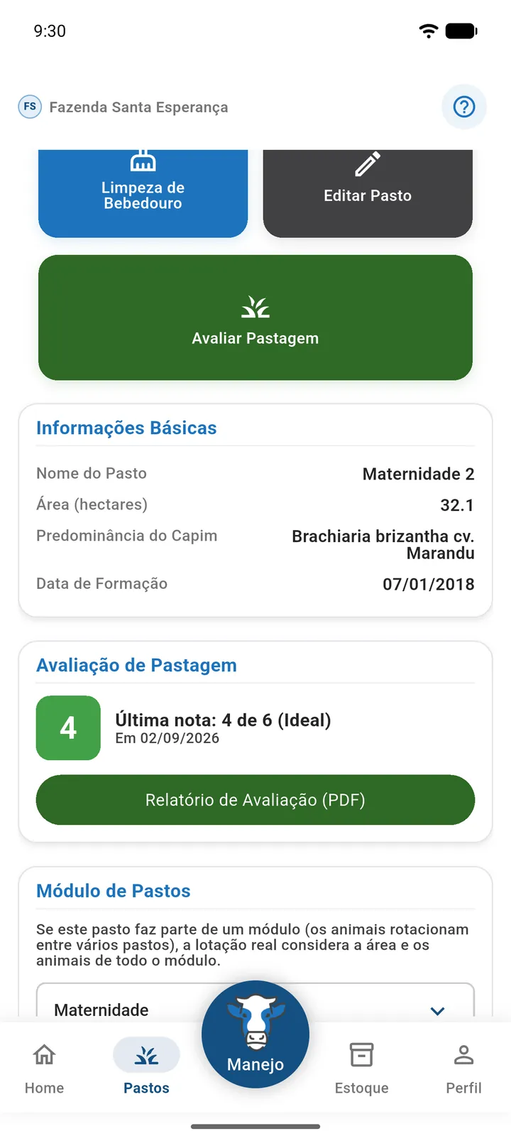 Área de avaliações do Detalhe do Pasto com o botão Relatório de Avaliação (PDF)