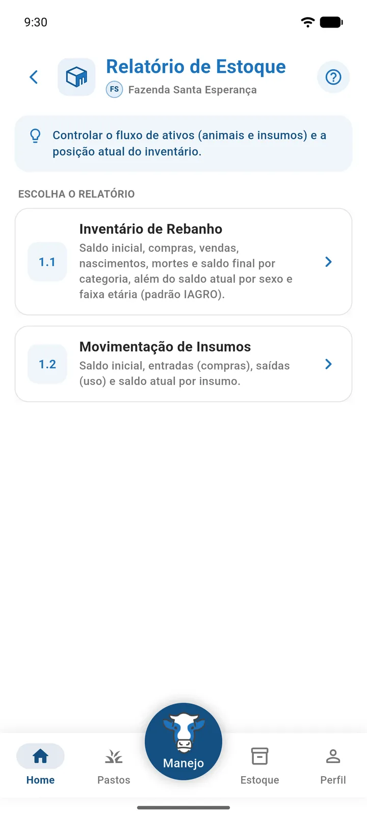 Tela de uma categoria da Central, com o banner de objetivo e a lista de relatórios numerados