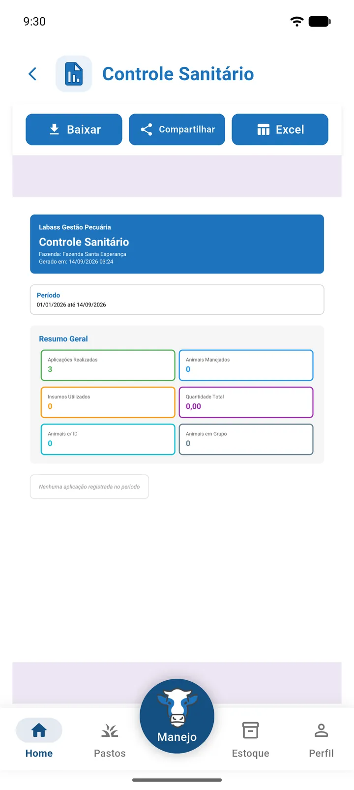 PDF de Controle Sanitário com Resumo Geral e Aplicações por Insumo