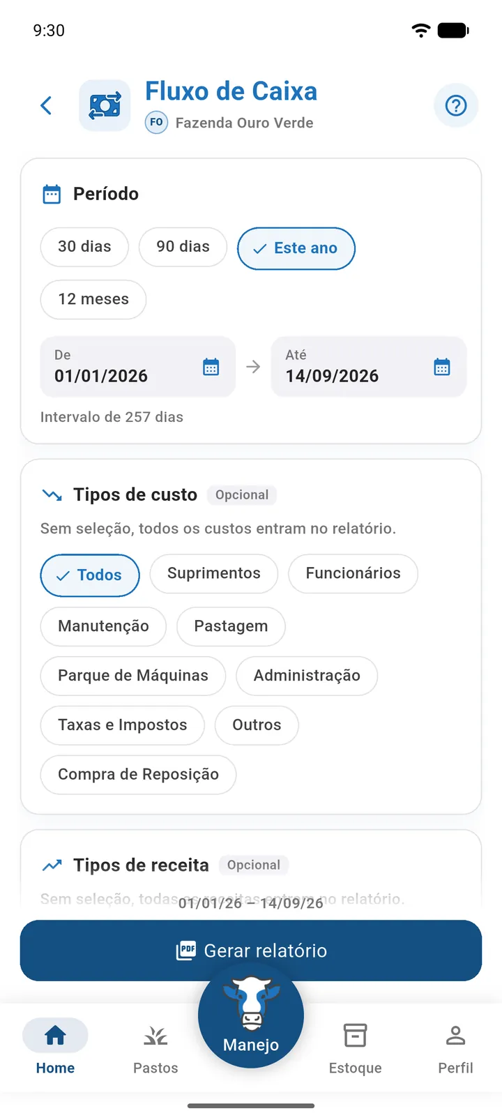 Filtro Período com os atalhos 30 dias, 90 dias, Este ano e 12 meses e os campos De e Até