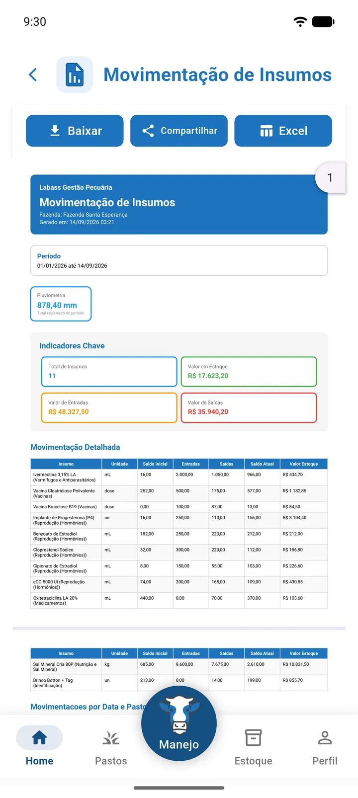 PDF de Movimentação de Insumos com a tabela Movimentação Detalhada