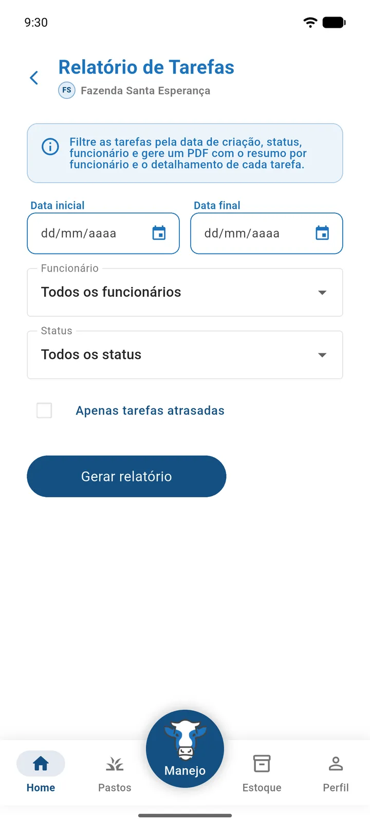 Tela de filtros do Relatório de Tarefas