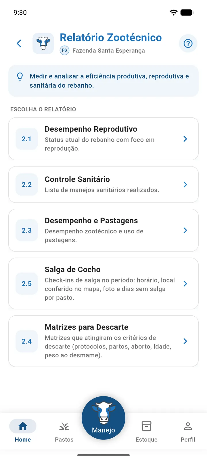 Tela Relatório Zootécnico com os cards 2.1, 2.2, 2.3, 2.5 e 2.4