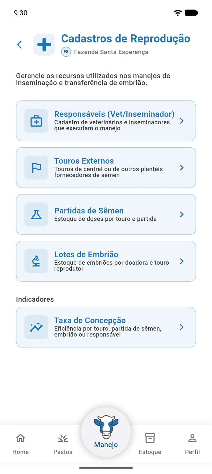 Tela Cadastros de Reprodução com as opções Responsáveis, Touros Externos, Partidas de Sêmen, Lotes de Embrião e Taxa de Concepção