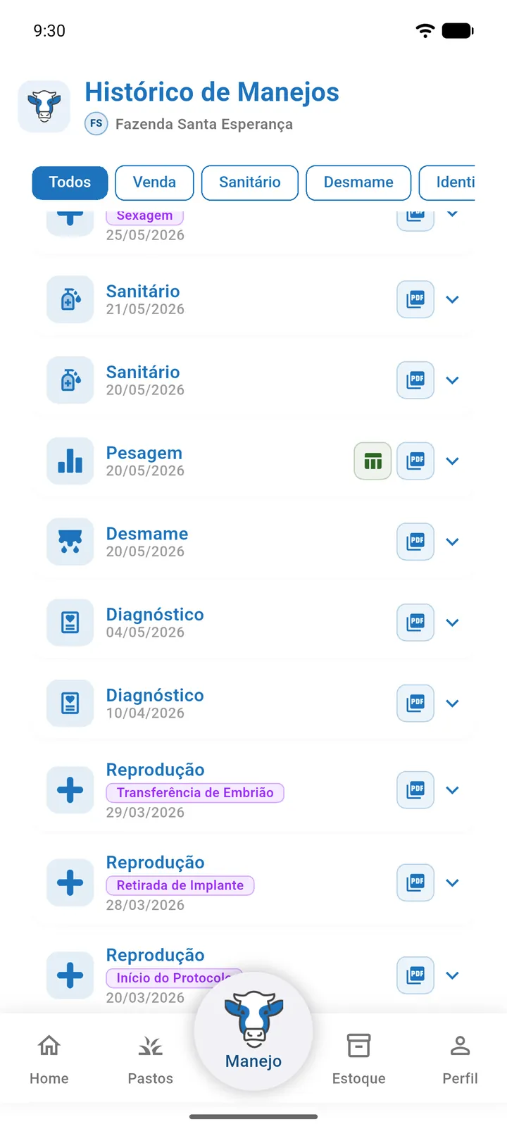 Cartão de um manejo de Transferência no Histórico com o botão verde da ficha anexada e o botão PDF