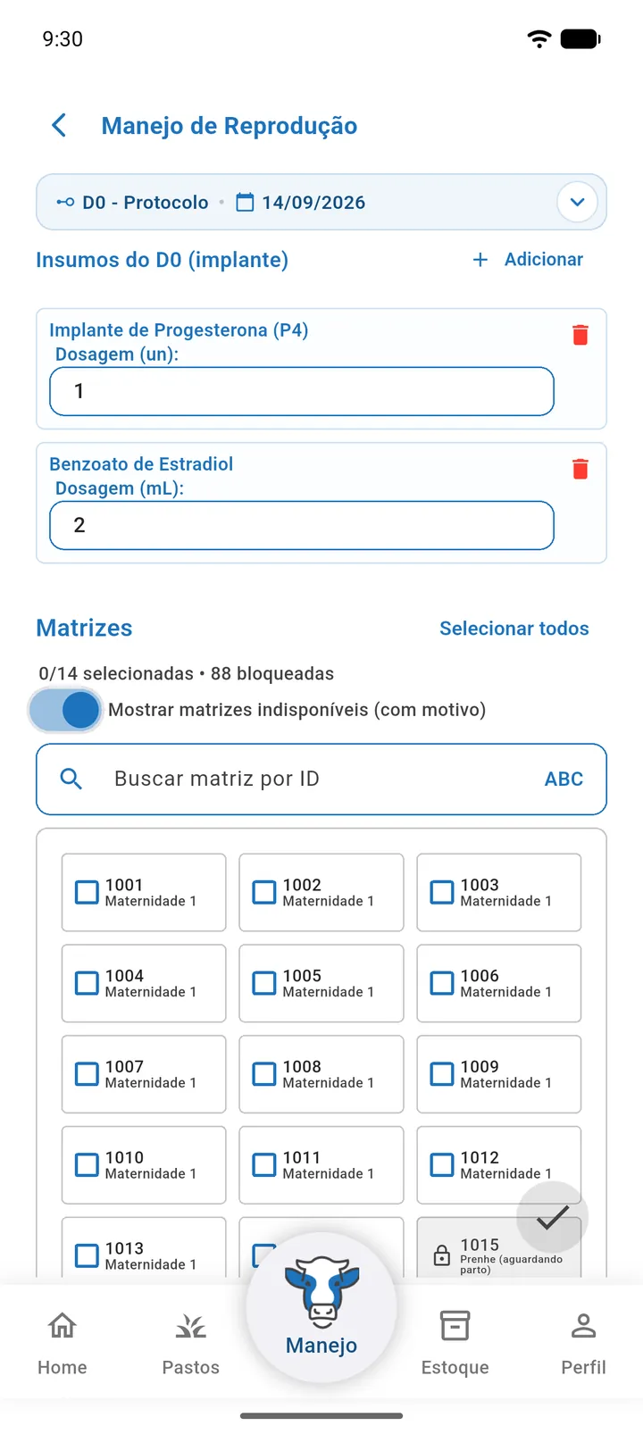 Seção Insumos do D0 com dois insumos adicionados e o campo Dosagem preenchido