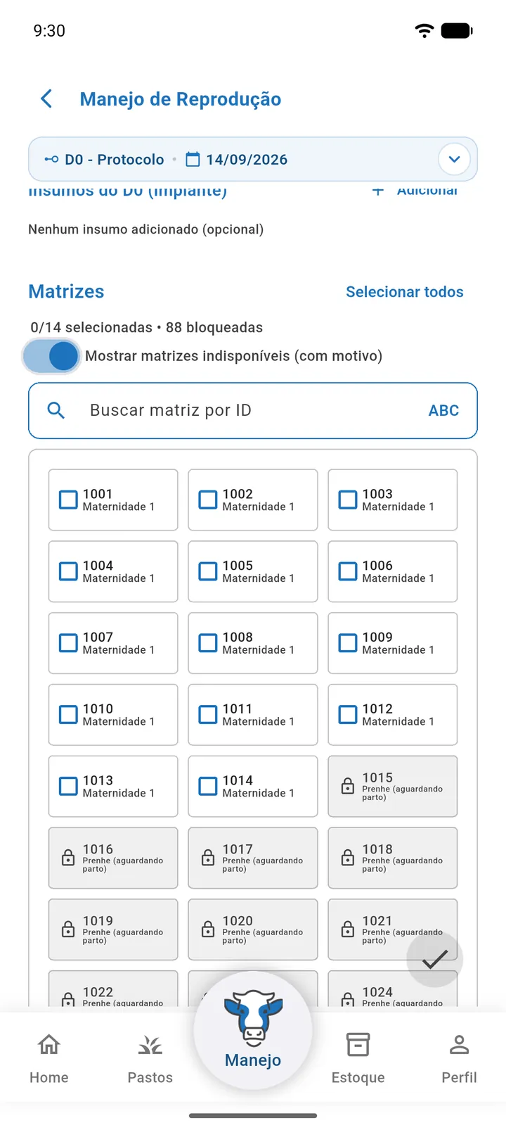 Grade do D0 com a chave Mostrar matrizes indisponíveis ligada e matrizes cinzas com cadeado e motivo