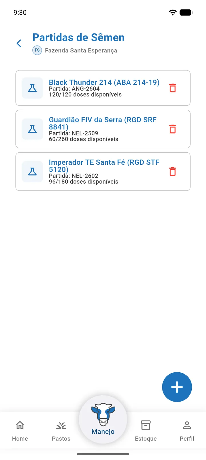 Lista de partidas de sêmen com uma partida esgotada destacada em vermelho