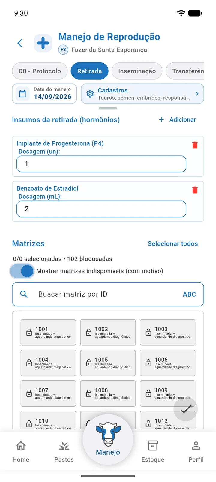 Aba Retirada com hormônios adicionados e matrizes marcadas
