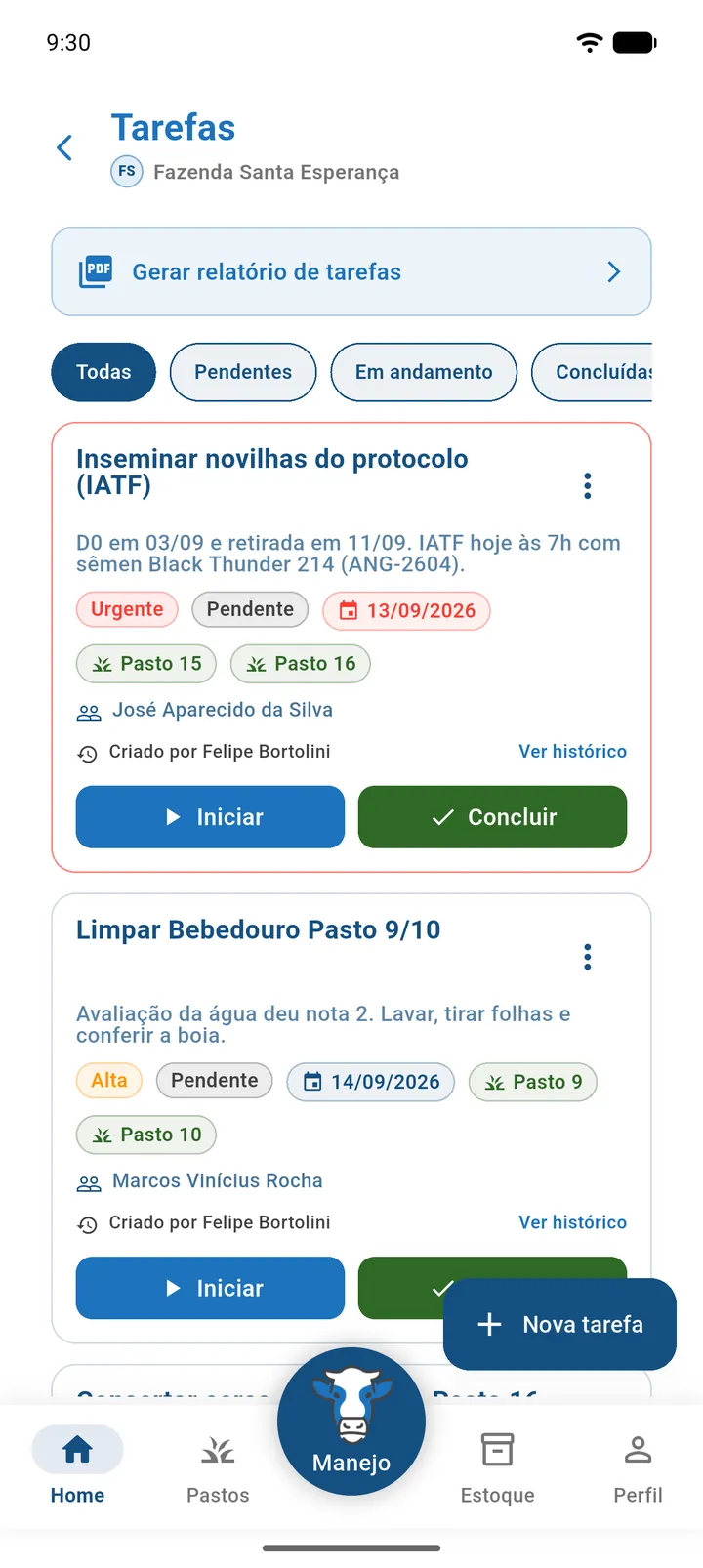 Tela Tarefas do produtor com o cartão Gerar relatório de tarefas, os filtros e a lista de tarefas