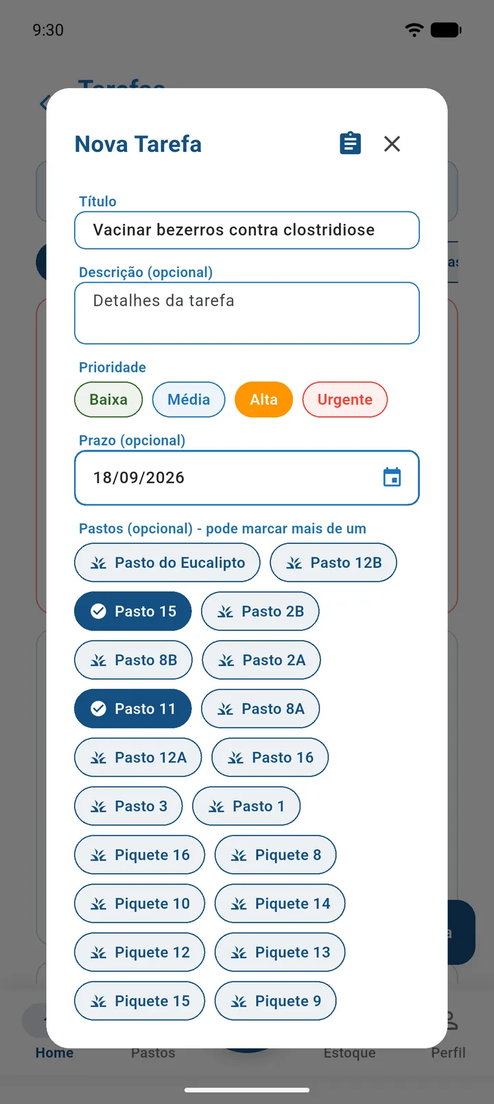 Diálogo Nova Tarefa do produtor com título, prazo, prioridade Alta, dois pastos marcados e um funcionário em Atribuir a (parte 1)