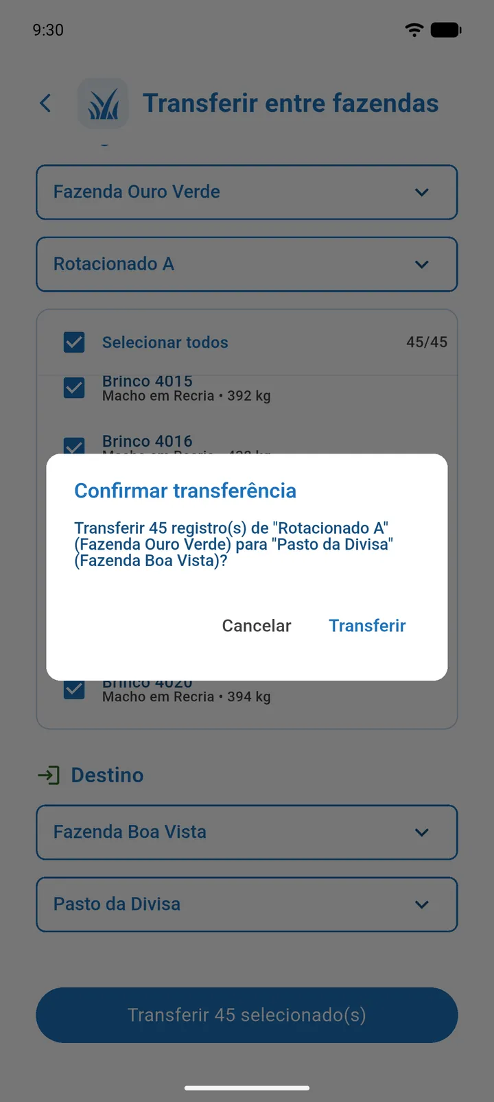 Diálogo Confirmar transferência com os pastos e fazendas de origem e destino